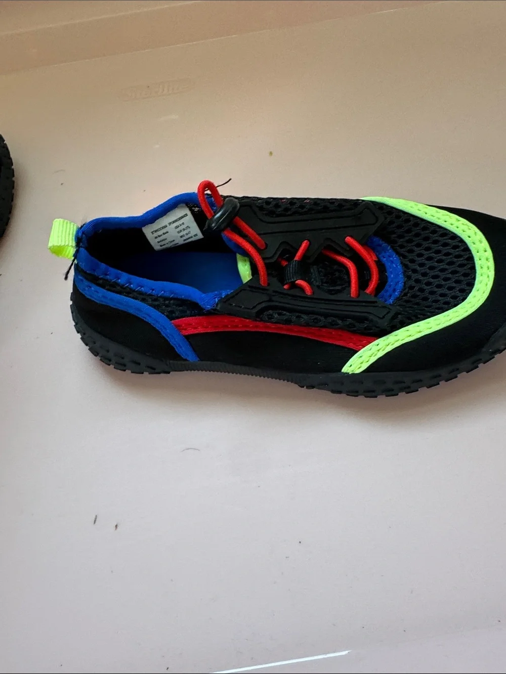 wonder nation Black Water Shoes with Neon Green, Royal Blue & Red Details